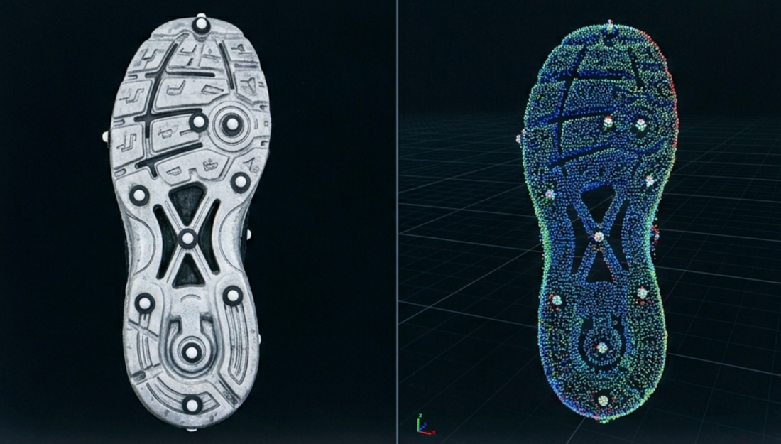 3D-Scanner erfasst eine Schuhsohle mit Tracking-Markern zur digitalen Konstruktion