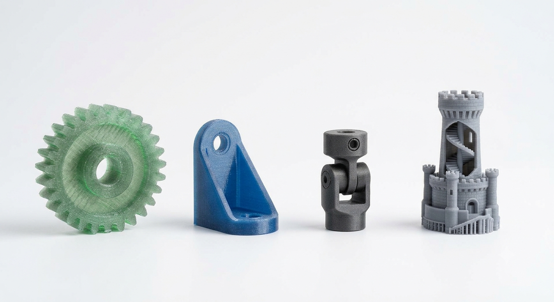 Vier 3D-gedruckte Materialproben im Vergleich: PLA, PETG, ABS und Resin