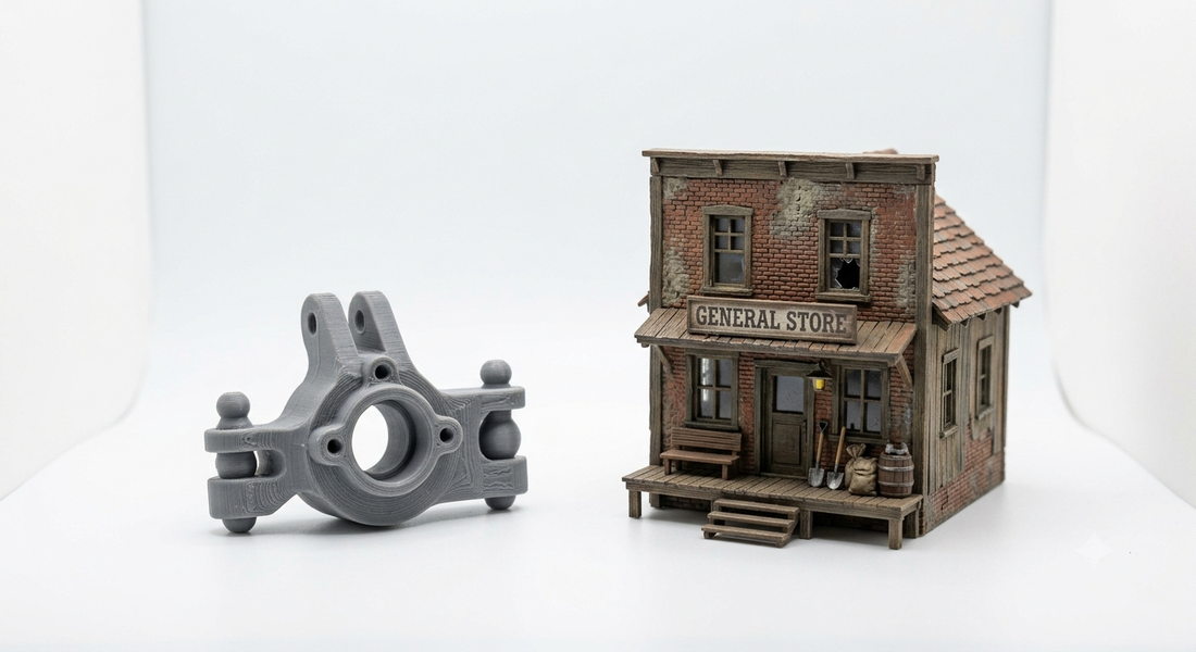 3D-gedrucktes RC-Modellbauteil neben einem Diorama-Gebäude für Hobbyprojekte