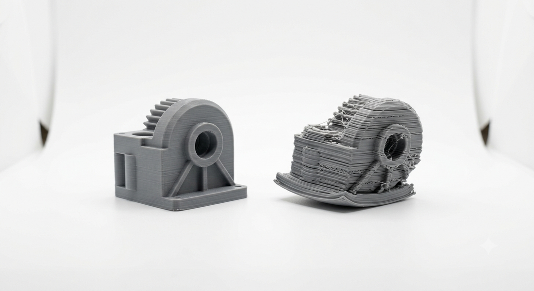 Vergleich eines fehlerhaften und eines korrekt gedruckten 3D-Druck-Bauteils