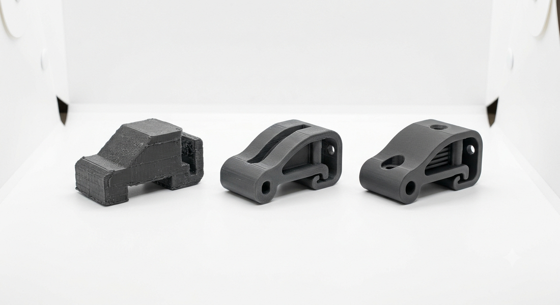 Drei 3D-gedruckte Prototyp-Iterationen eines Bauteils zeigen die Entwicklung vom Entwurf zum Testmodell