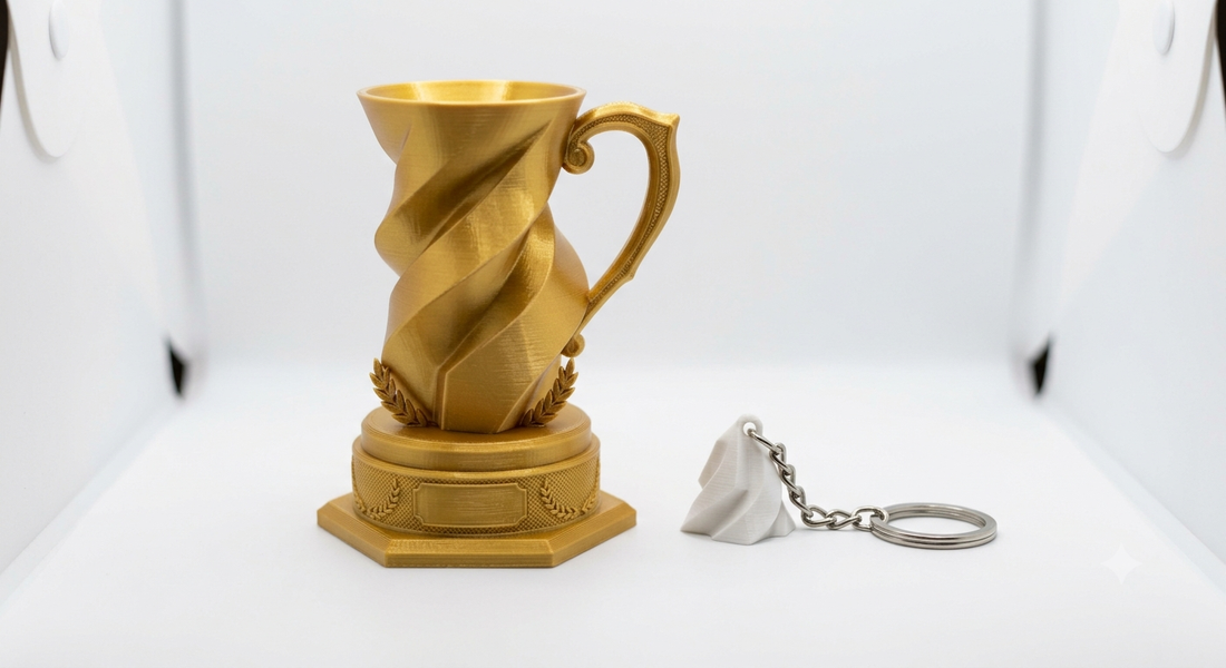 Individueller 3D-gedruckter Pokal neben einem passenden Give-away-Schlüsselanhänger für Vereine