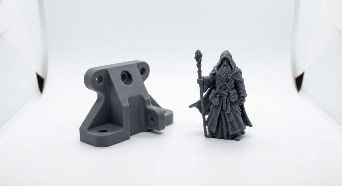 Vergleich zwischen einem FDM-gedruckten Funktionsbauteil und einer detaillierten Resin-Miniatur