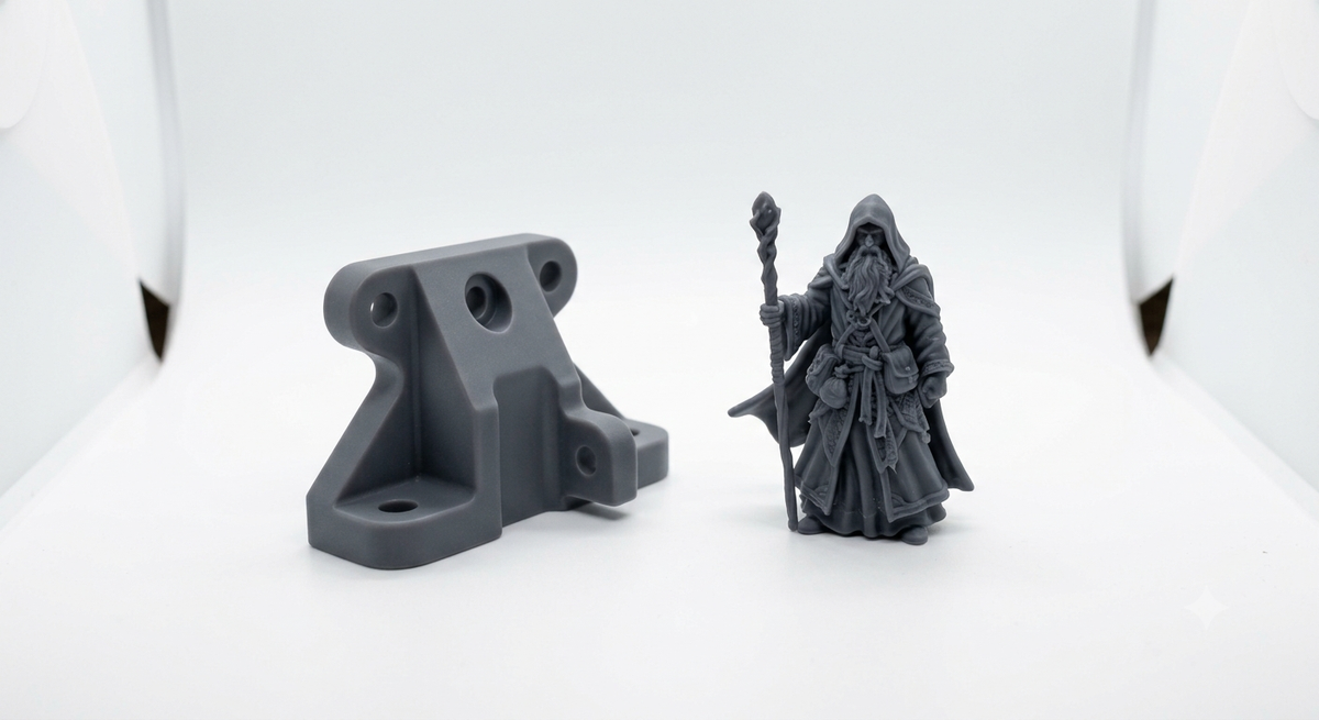 Vergleich zwischen einem FDM-gedruckten Funktionsbauteil und einer detaillierten Resin-Miniatur