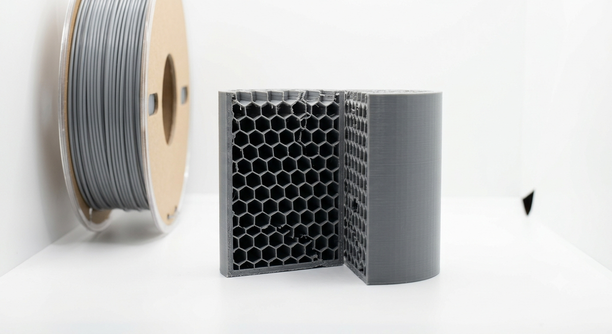 Aufgeschnittenes 3D-gedrucktes Bauteil zeigt Infill-Struktur zur Veranschaulichung der Preiskalkulation