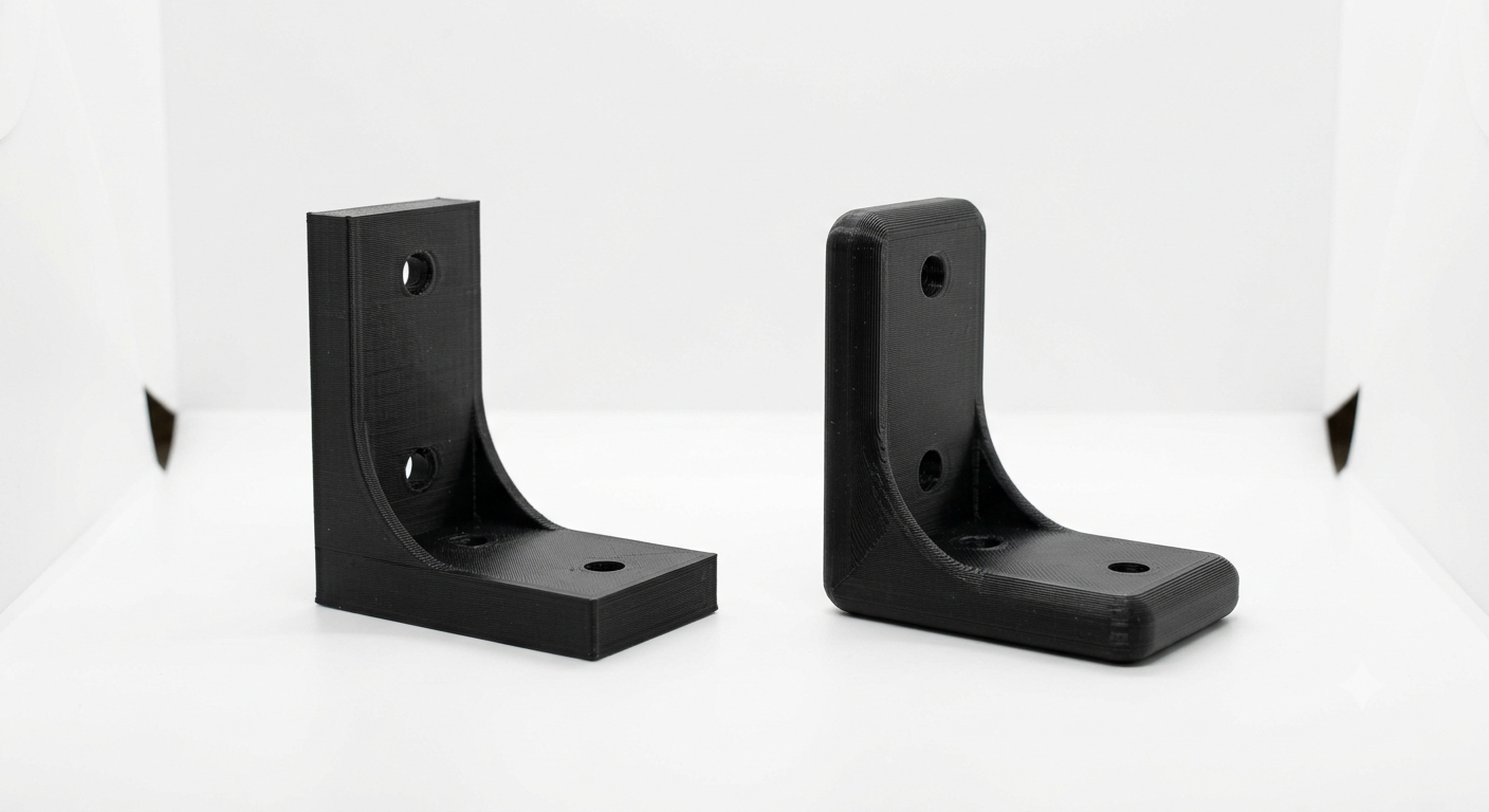 Vergleich zweier 3D-gedruckter Bauteile mit scharfen Kanten und mit Verrundung