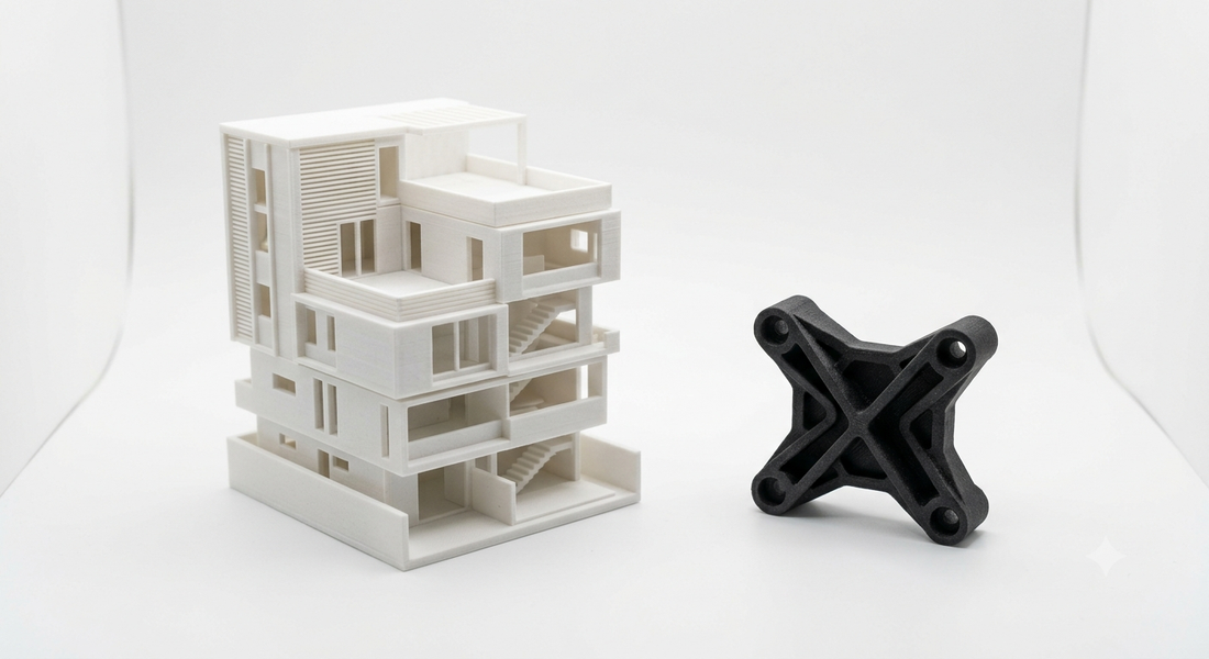 3D-gedrucktes Architekturmodell neben einem technischen Bauteil für die Baubranche