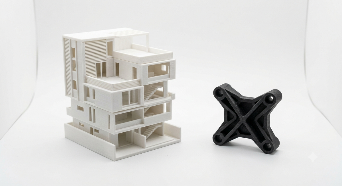 3D-gedrucktes Architekturmodell neben einem technischen Bauteil für die Baubranche