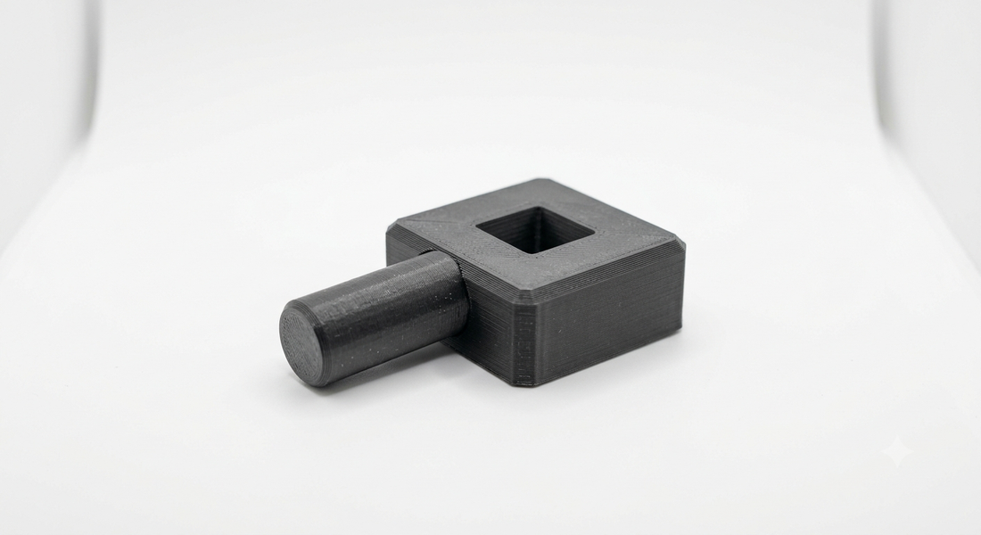 Zwei 3D-gedruckte Bauteile mit passgenauer Steckverbindung zur Veranschaulichung von Toleranzen