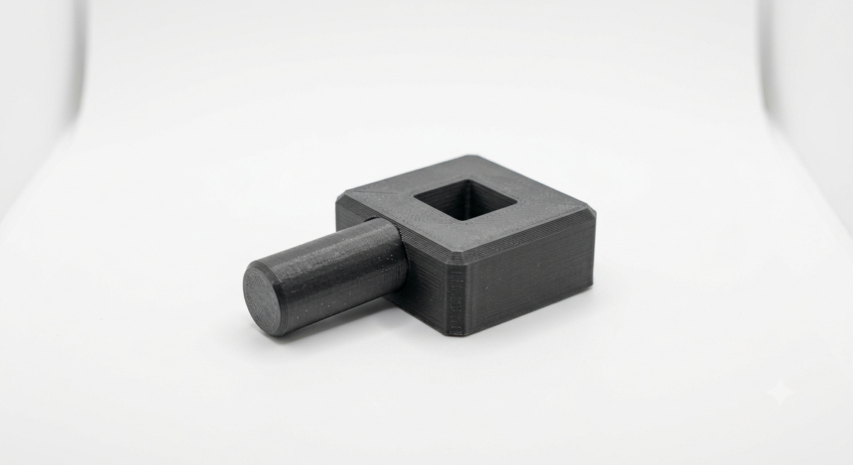 Zwei 3D-gedruckte Bauteile mit passgenauer Steckverbindung zur Veranschaulichung von Toleranzen