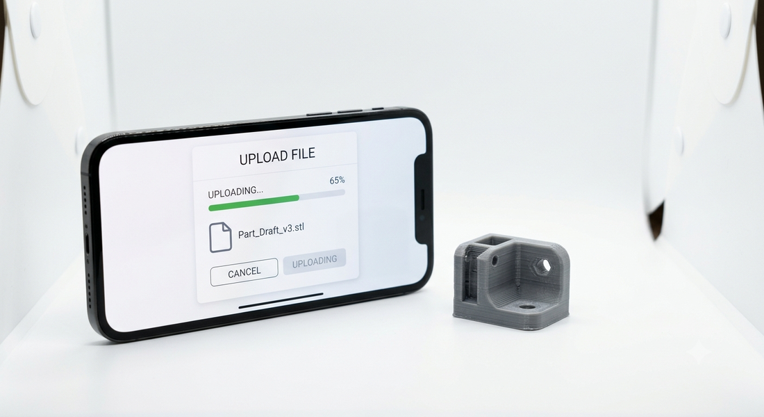 Smartphone mit Anfrageformular neben einem fertigen 3D-gedruckten Bauteil