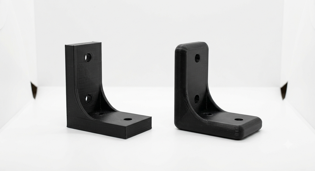 Vergleich zweier 3D-gedruckter Bauteile mit scharfen Kanten und mit Verrundung
