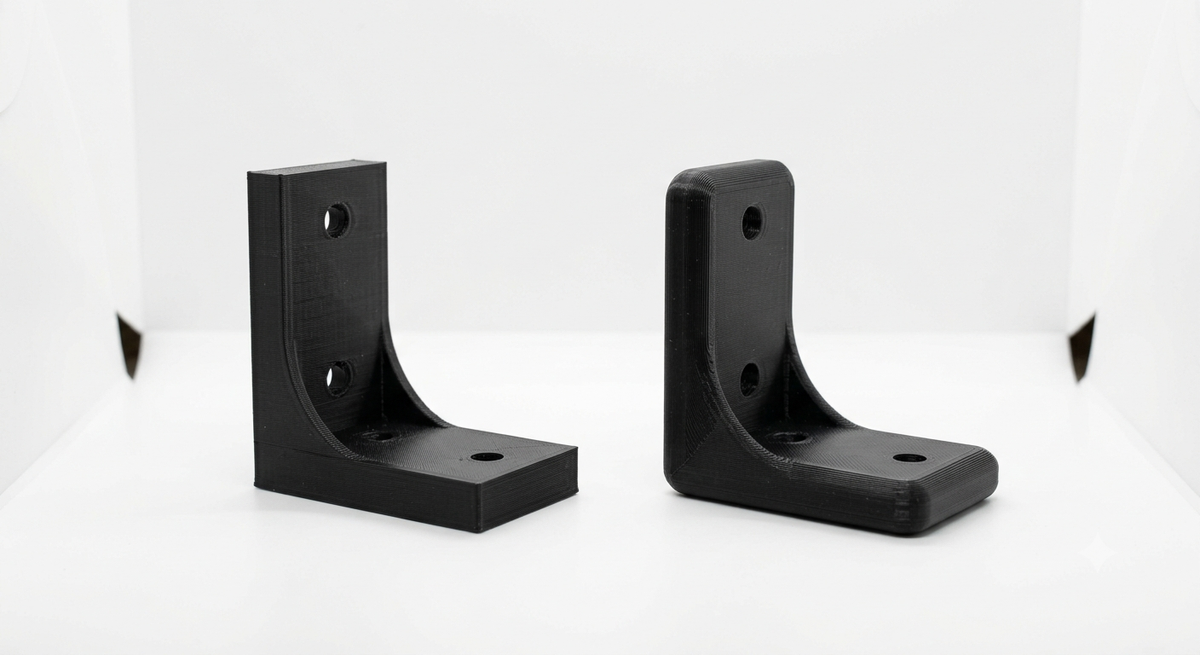 Vergleich zweier 3D-gedruckter Bauteile mit scharfen Kanten und mit Verrundung