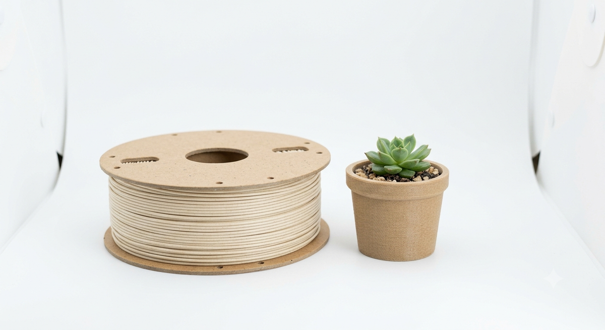 Spule mit recyceltem PLA-Filament neben einem 3D-gedruckten Pflanzentopf als Beispiel für nachhaltigen 3D-Druck