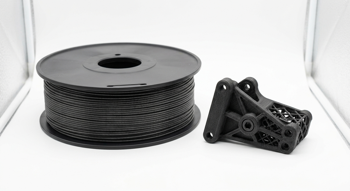 carbonfaserverstärktem Filament neben einem 3D-gedruckten technischen Bauteil